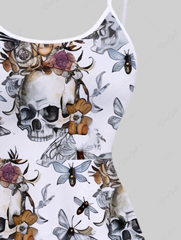 Gothic Plus Size Skulls Flower Insects Printed High Low Asymmetric Backless A Line Cami Dress