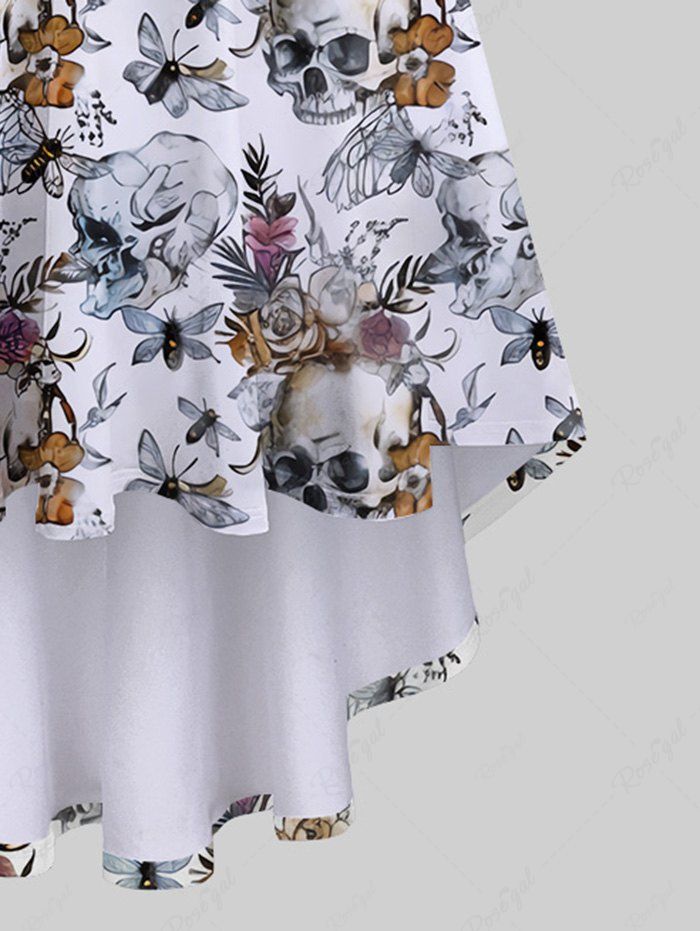 Gothic Plus Size Skulls Flower Insects Printed High Low Asymmetric Backless A Line Cami Dress