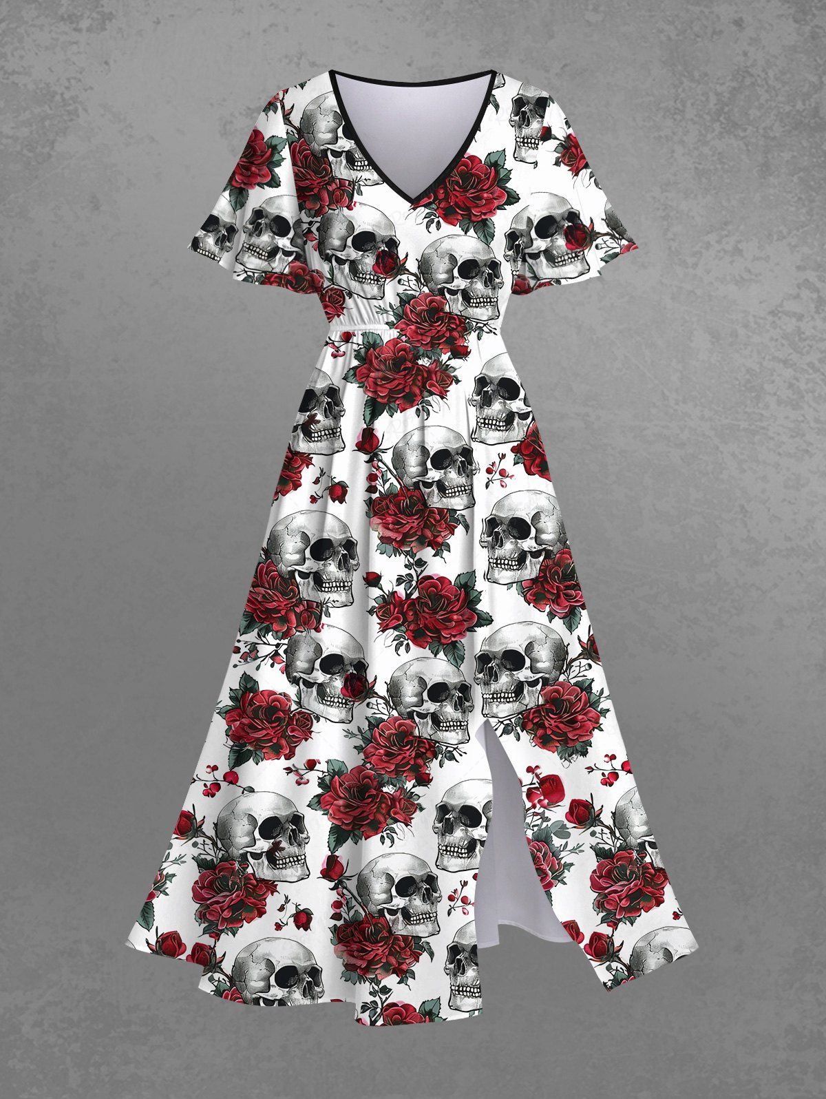 Gothic Plus Size Skulls Rose Flower Print Split Pocket A Line Dress