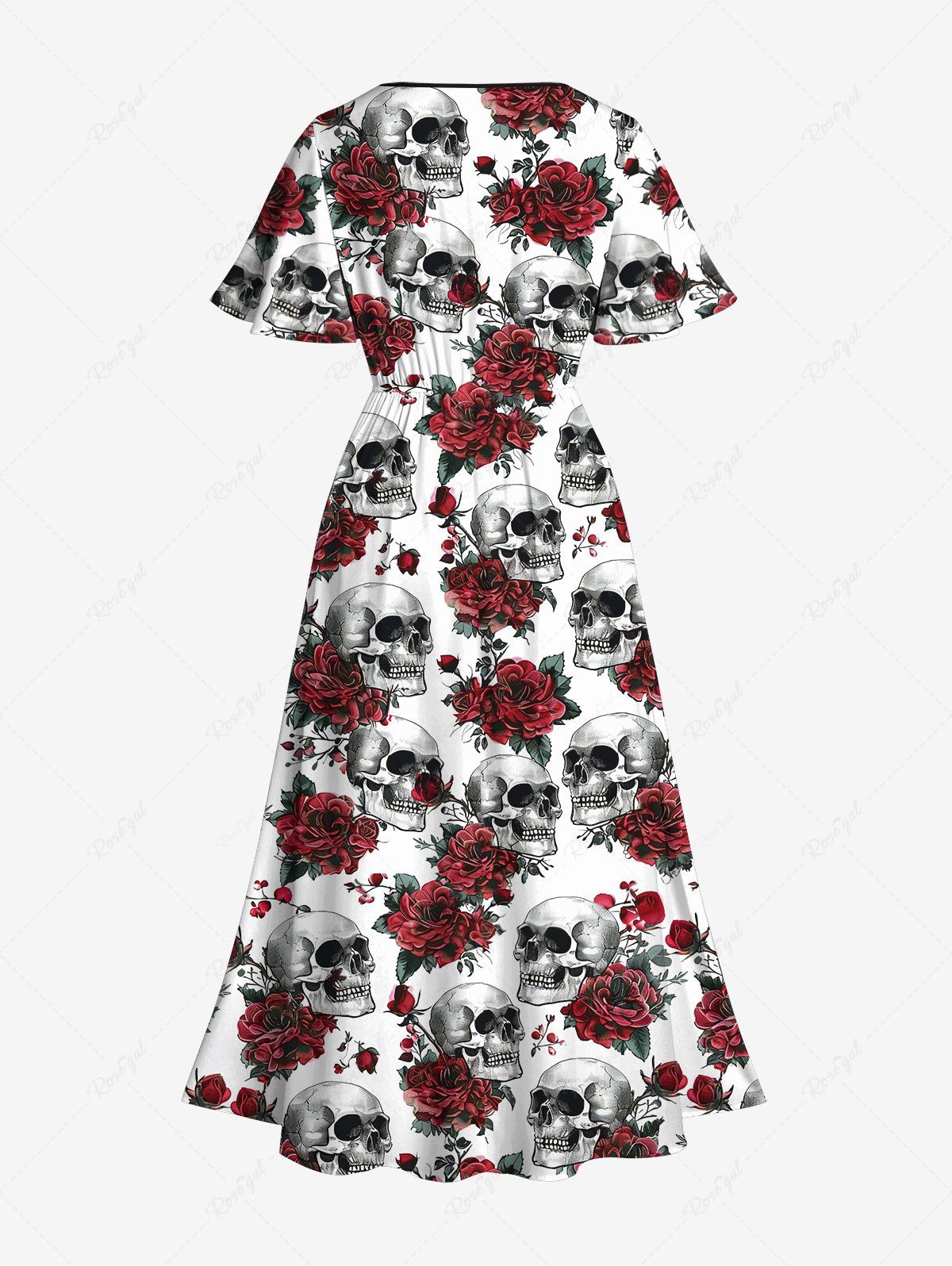 Gothic Plus Size Skulls Rose Flower Print Split Pocket A Line Dress