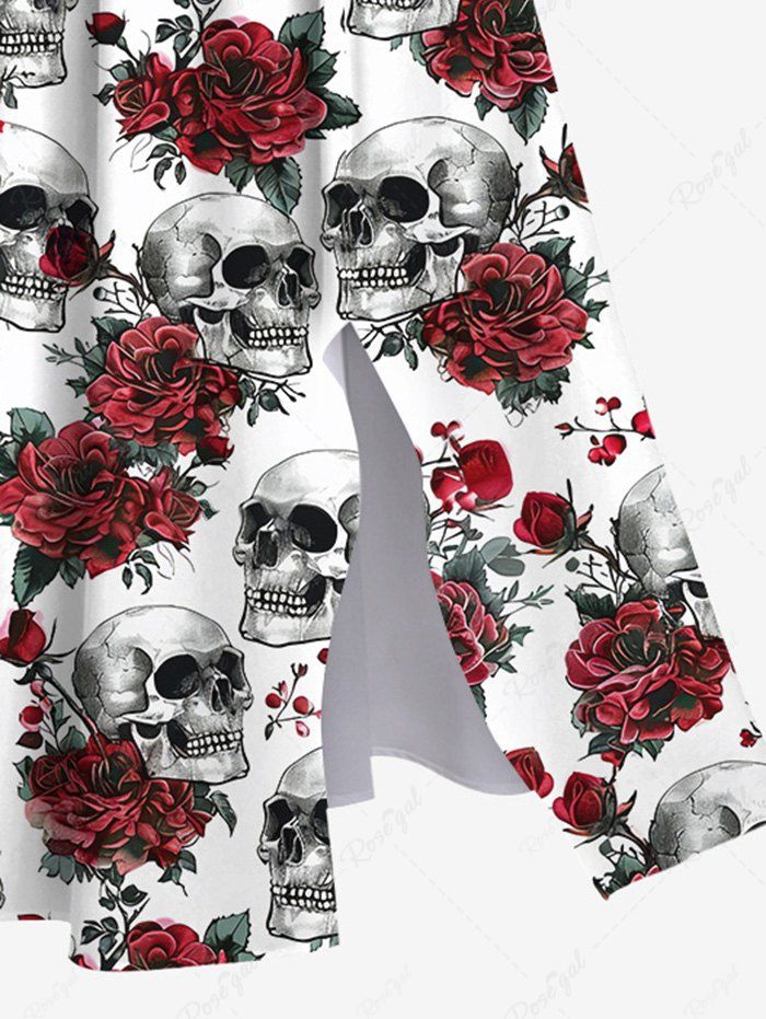 Gothic Plus Size Skulls Rose Flower Print Split Pocket A Line Dress