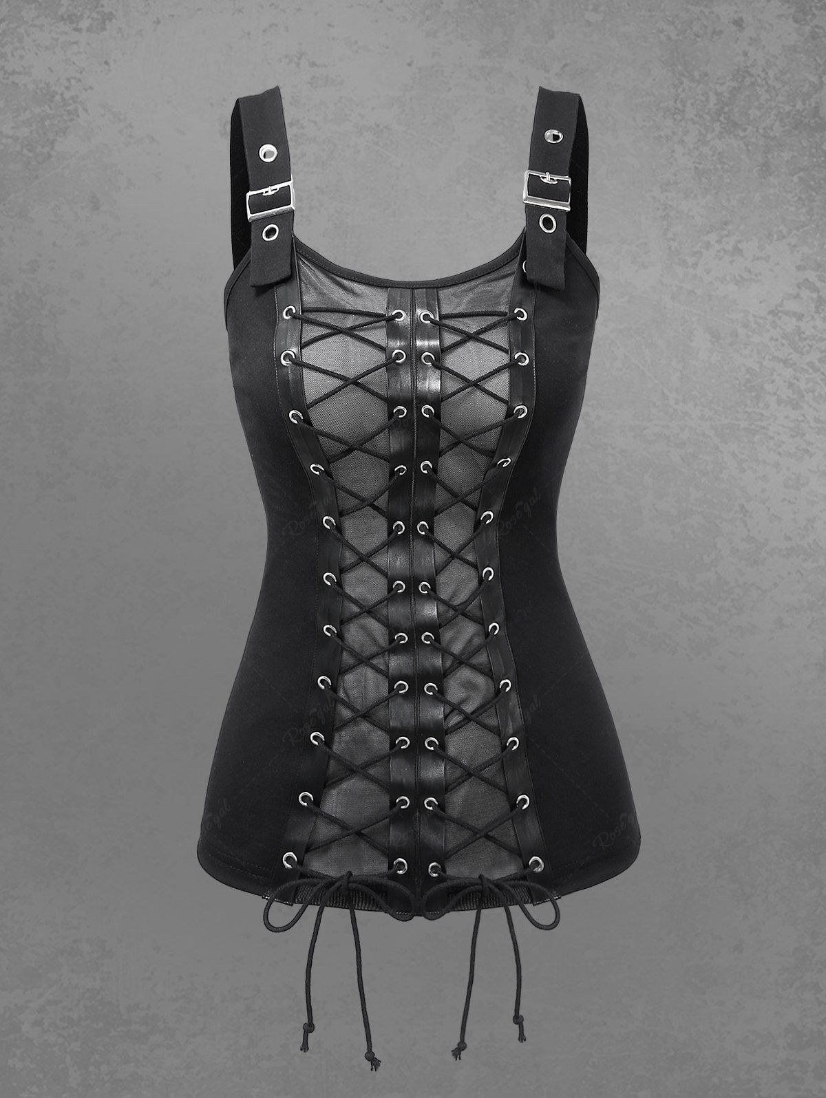 Gothic Mesh Lace Up Grommet Buckle Backless Tank Top
