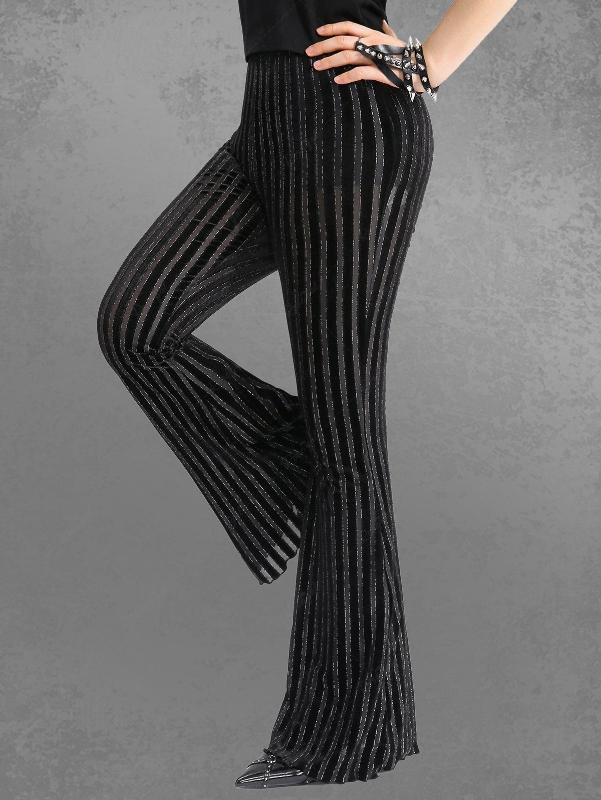 Gothic Glitter Silver Line Velvet Striped Patchwork Flare Pants