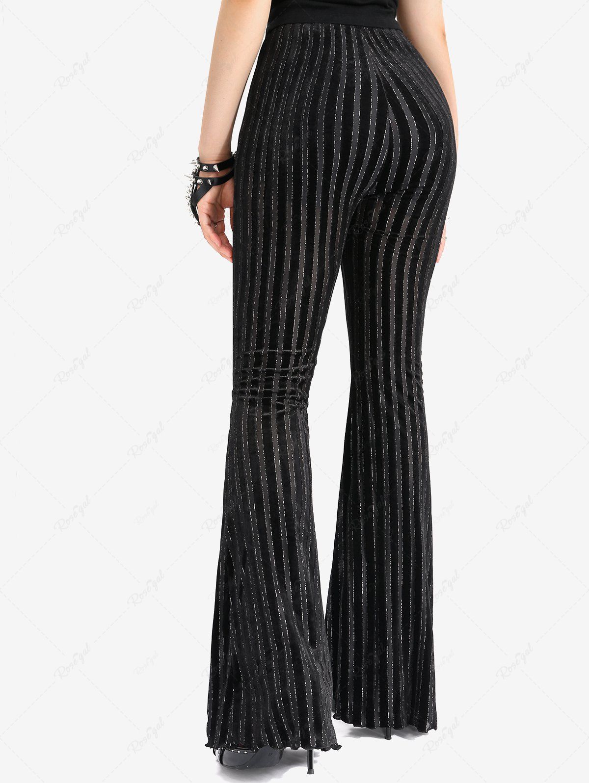 Gothic Glitter Silver Line Velvet Striped Patchwork Flare Pants