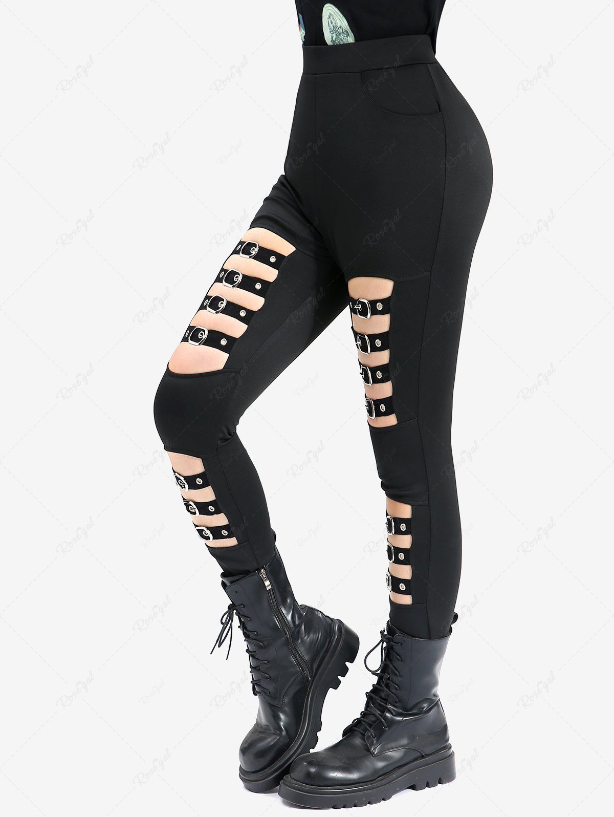 Gothic Cut Out Strap Buckle Grommet Pockets Solid Skinny Pants