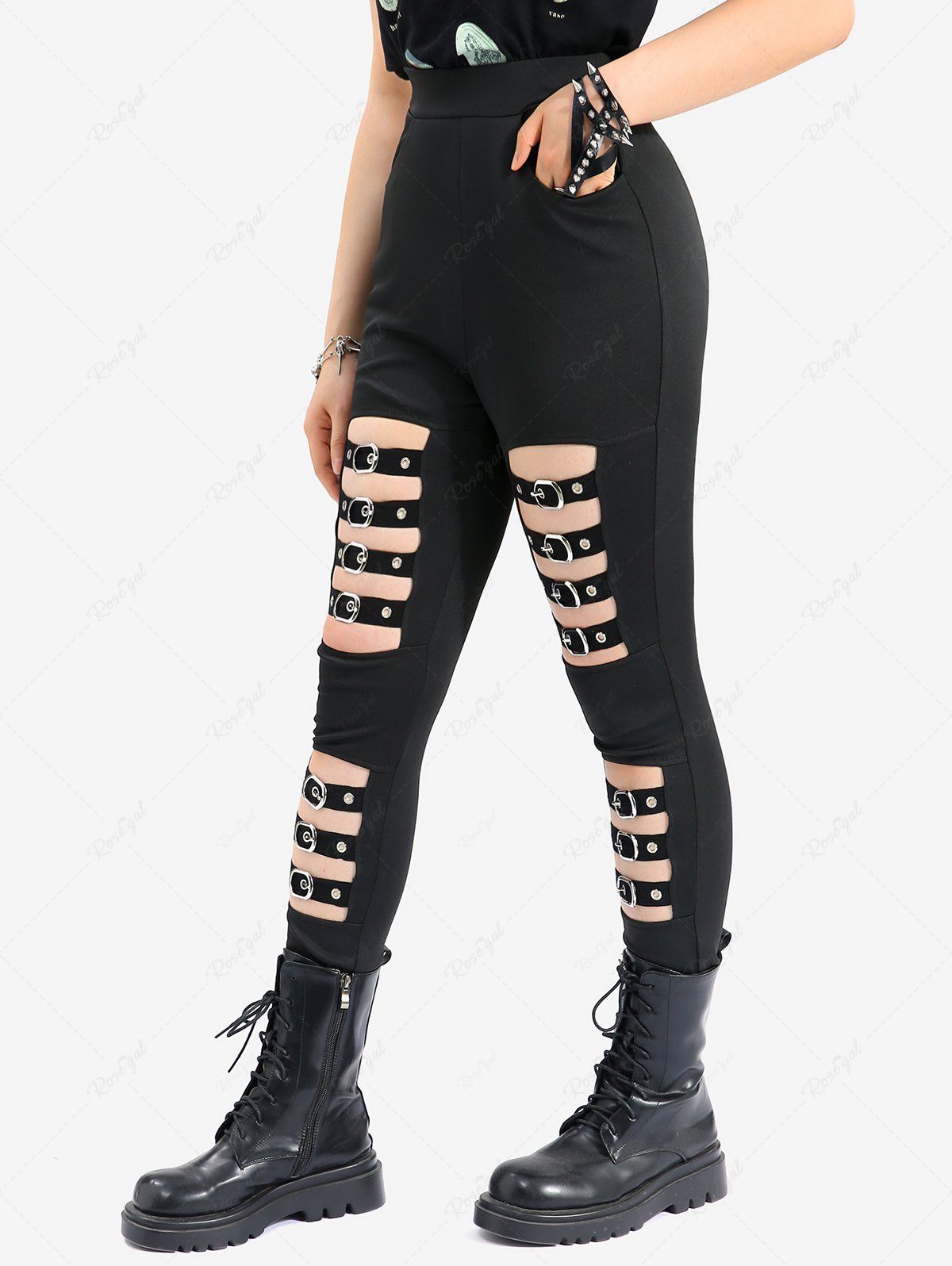 Gothic Cut Out Strap Buckle Grommet Pockets Solid Skinny Pants