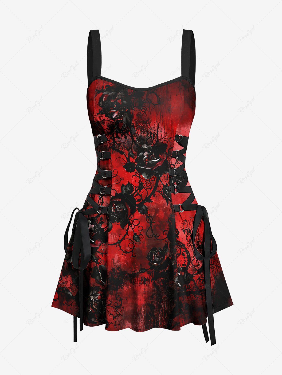 Gothic Flower Branch Print Ombre Lace Up Backless A Line Tank Dress