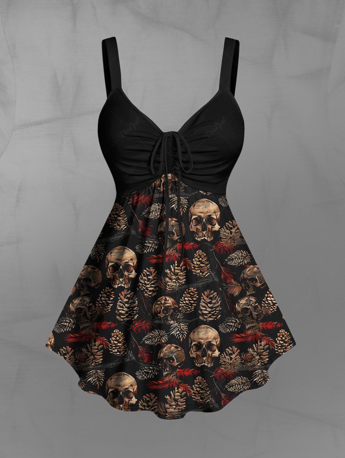 Gothic Plus Size Skulls Pine Print Cinched Backless Tank Top