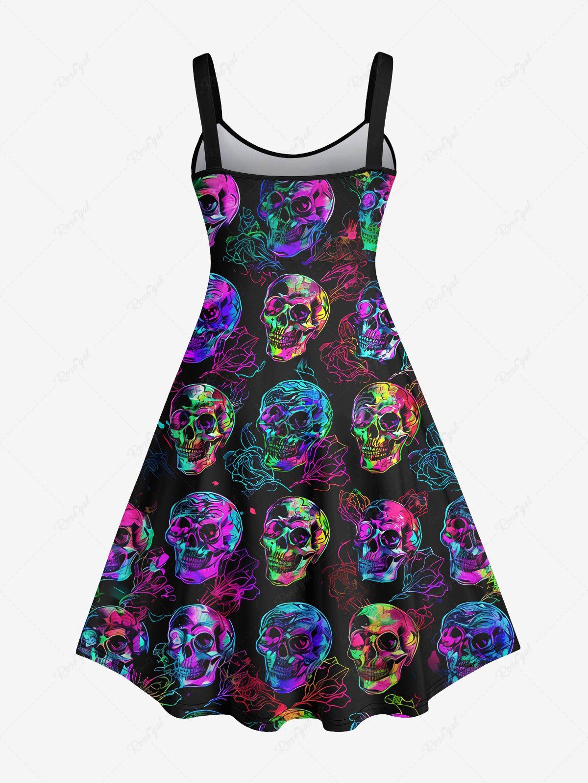 Gothic Plus Size Colorful Skulls Flower Print Backless A Line Tank Dress