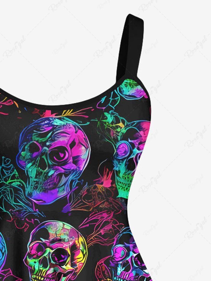 Gothic Plus Size Colorful Skulls Flower Print Backless A Line Tank Dress