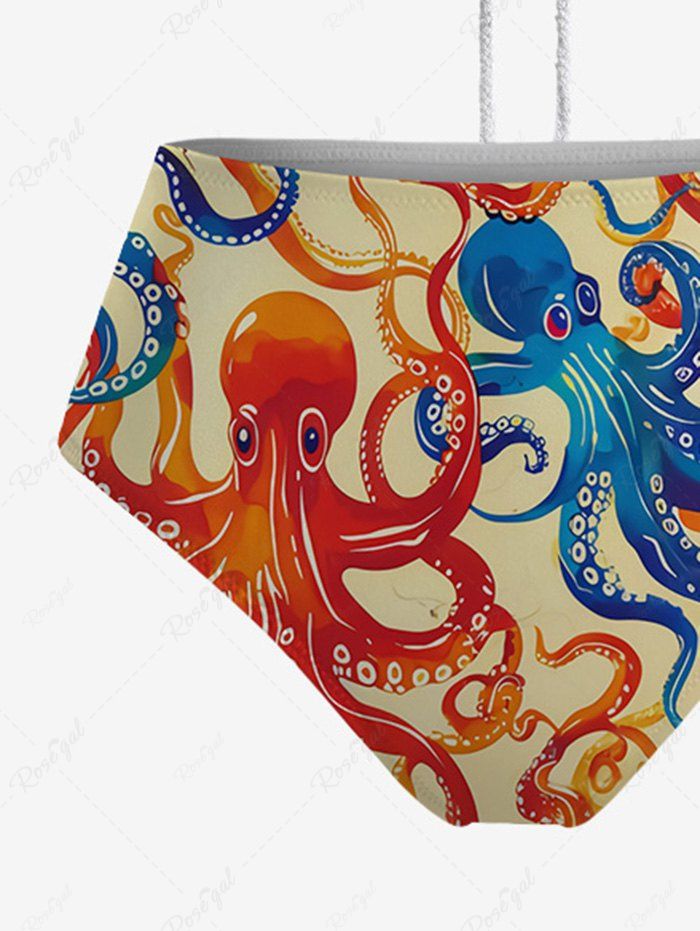 Gothic Colorful Octopus Print Hollow Out Halter Bikini Set