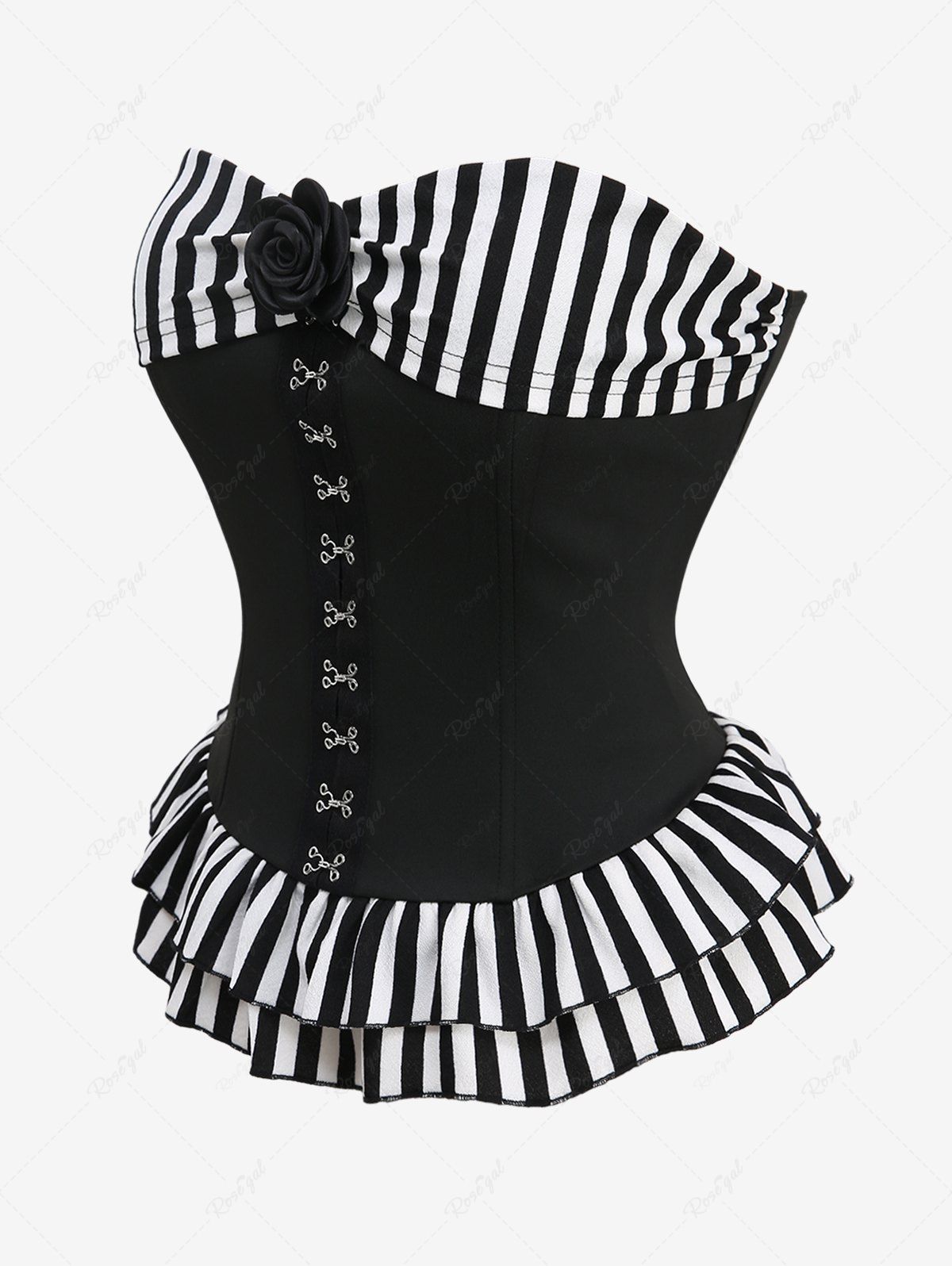 Gothic Lace Up Rose Flower Striped Ruffles Corset