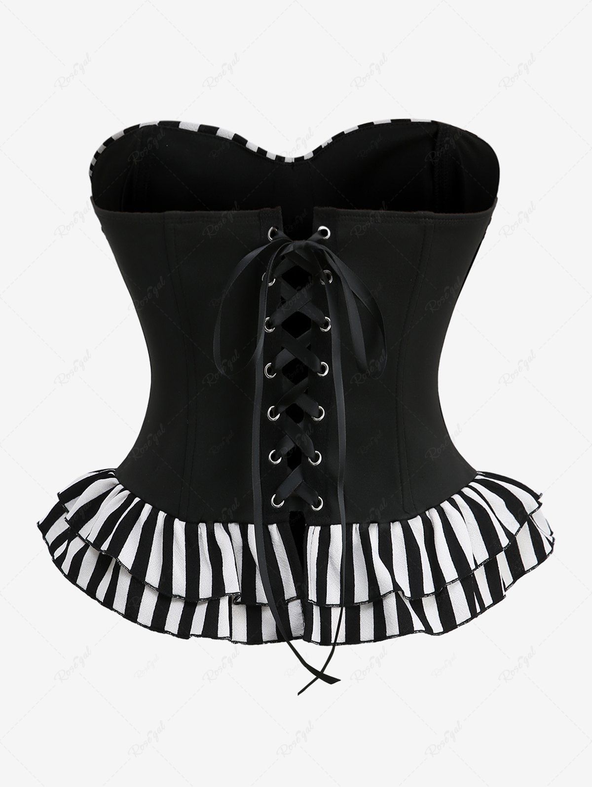 Gothic Lace Up Rose Flower Striped Ruffles Corset