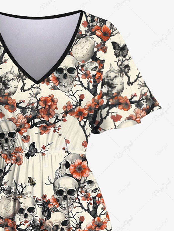 Gothic Plus Size Skulls Plum Bossom Butterfly Print Split Pocket A Line Dress