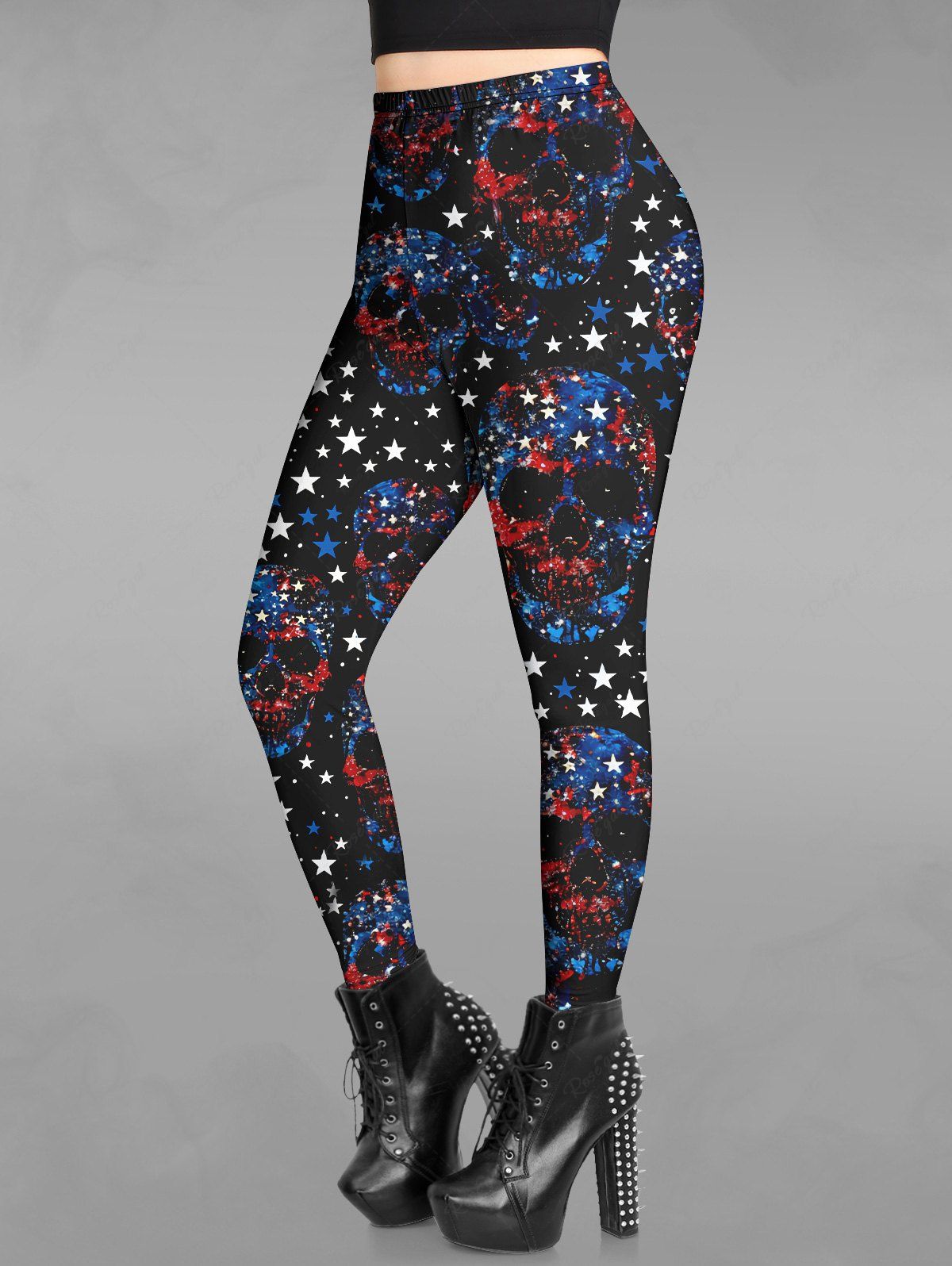 Gothic Plus Size Bloody Skulls Colorful Stars Print Skinny Leggings