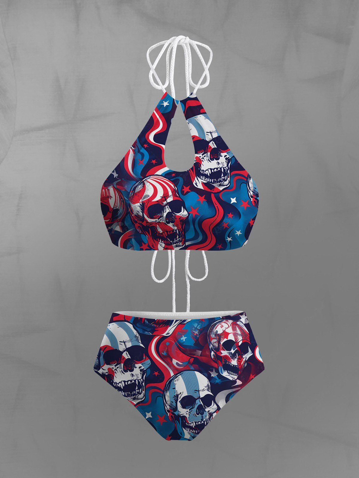 Gothic Patriotic American Flag Skulls Colorful Striped Stars Print Hollow Out Halter Backless Bikini Set