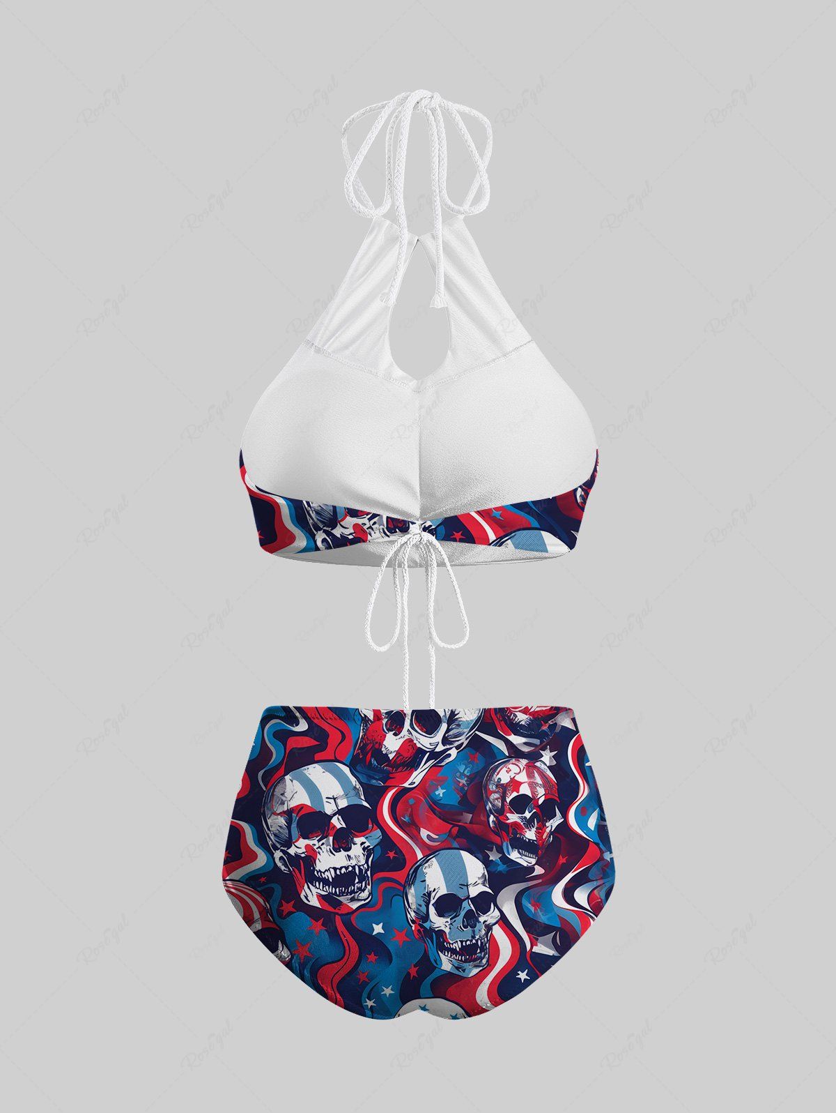 Gothic Patriotic American Flag Skulls Colorful Striped Stars Print Hollow Out Halter Backless Bikini Set
