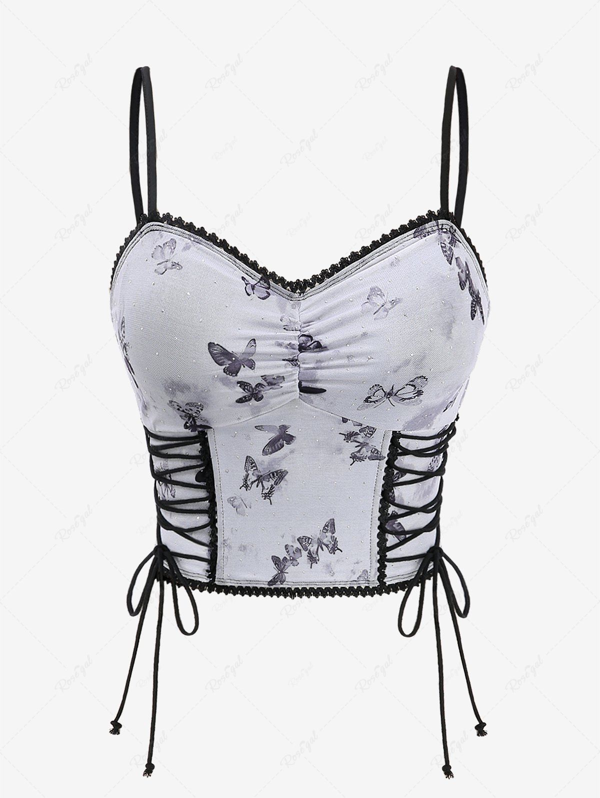 Gothic Butterfly Print Mesh Lace-up Lace Trim Glitter Ruched Corset