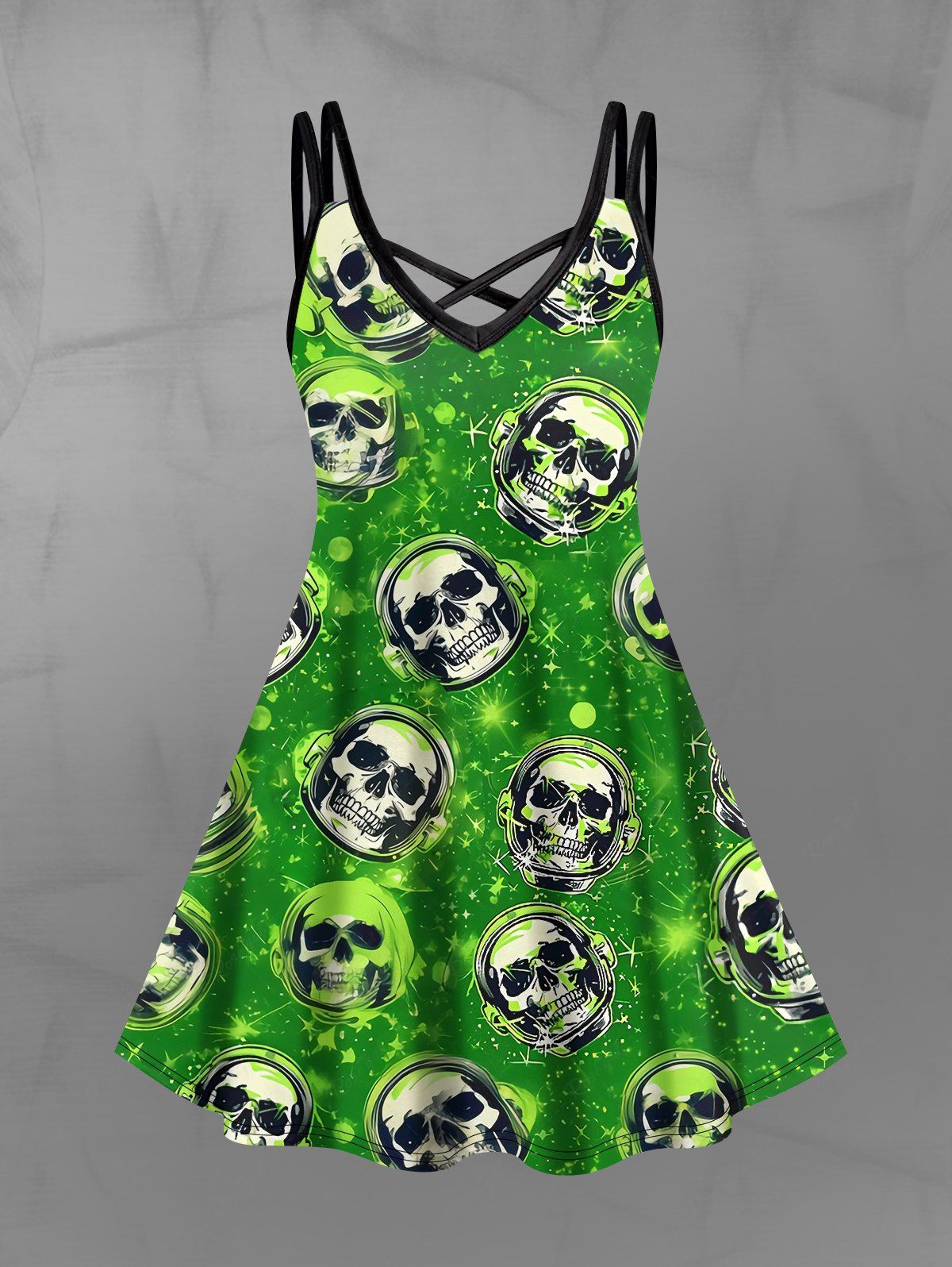 Gothic Plus Size Skulls Glitter Galaxy Print Crisscross A Line Cami Dress