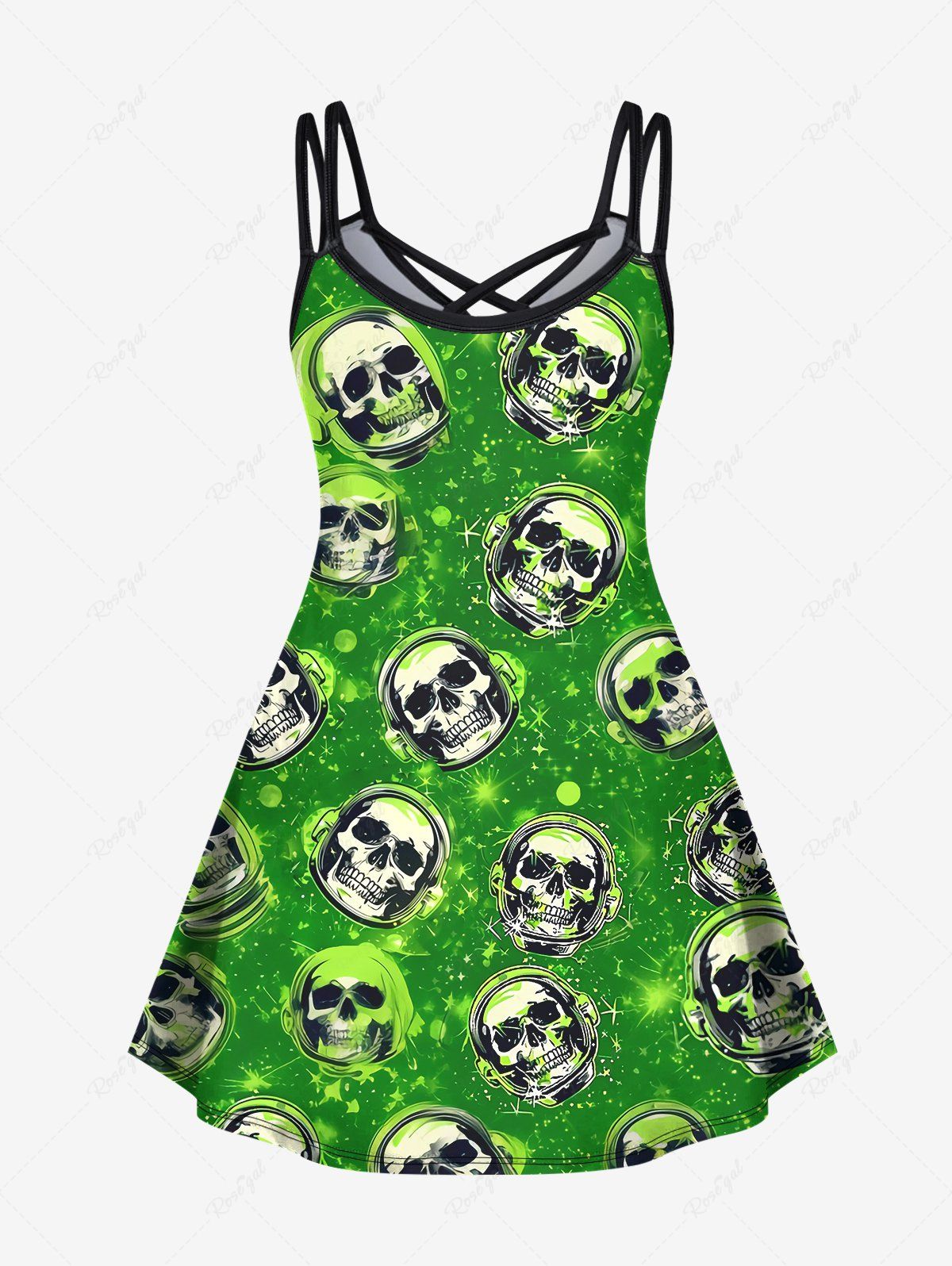 Gothic Plus Size Skulls Glitter Galaxy Print Crisscross A Line Cami Dress