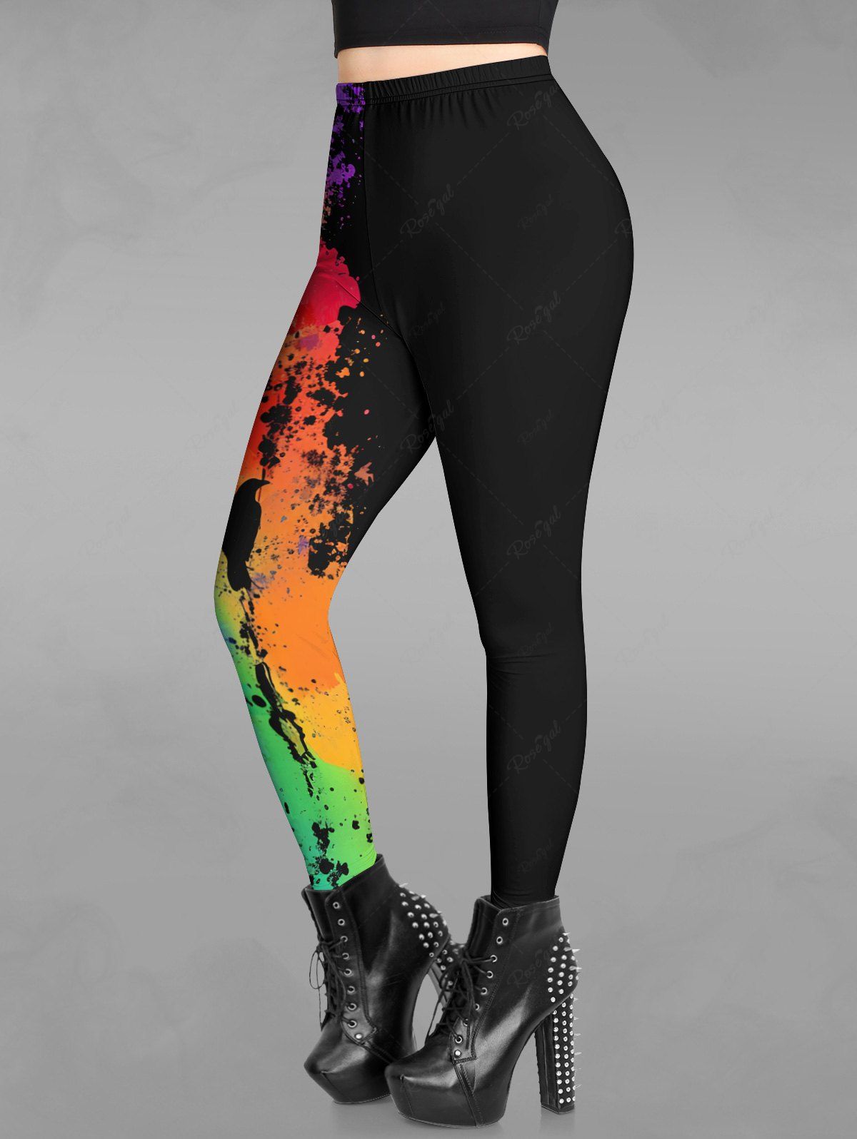 Gothic Plus Size Eagle Ink Painting Splatter Print Skinny Leggings