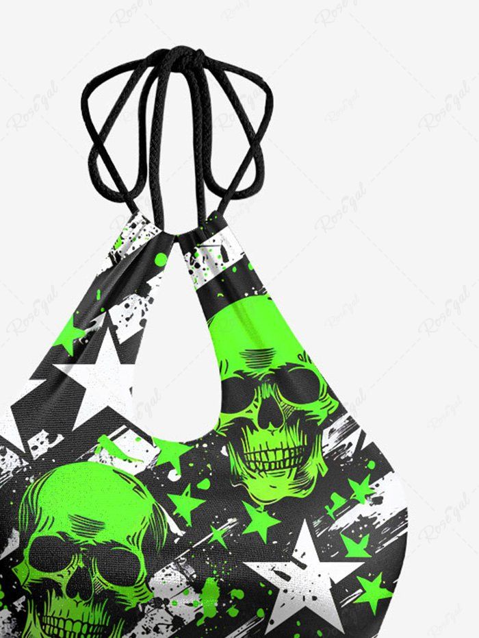 Gothic Neon Color American Flag Skulls Stars Ink Striped Painting Splatter Print Halter Backless Hollow Out Bikini Set