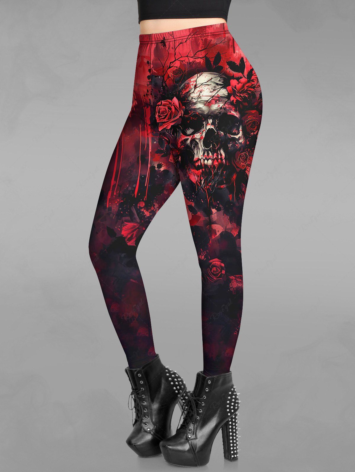 Gothic Bloody Paint Drop Rose Flower Skull Branch Print Ombre Skinny Leggings