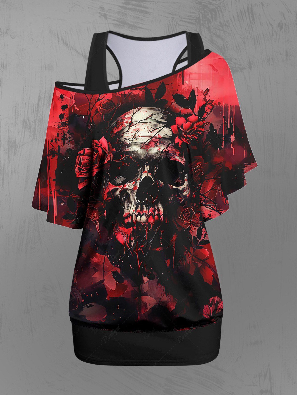 Gothic Plus Size Solid Racerback Tank Top and Bloody Paint Drop Skull Rose Flower Branch Print Ombre T-shirt Set