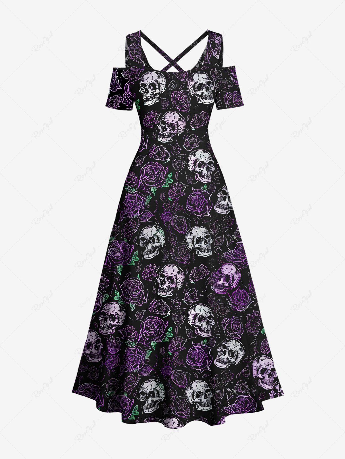 Gothic Cold Shoulder Skulls Rose Flower Print Crisscross A Line Dress