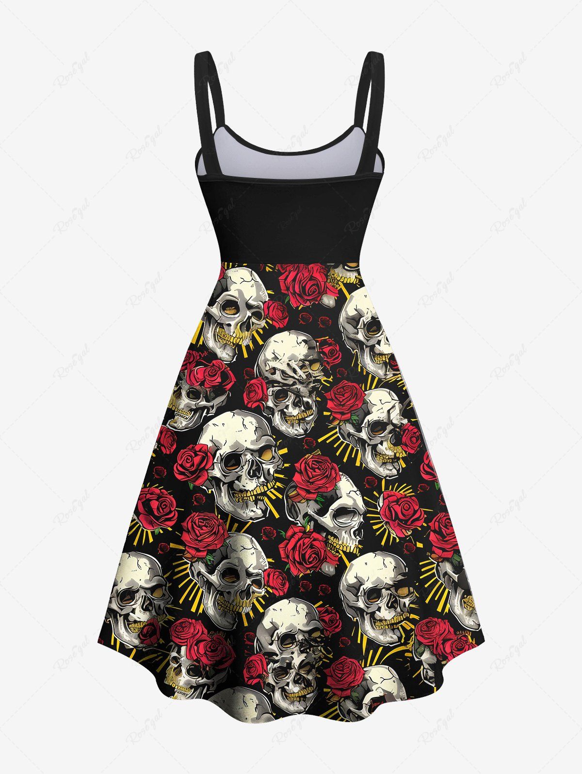 Gothic Plus Size Skulls Glitter Rose Flower Print Backless A Line Tank Dress