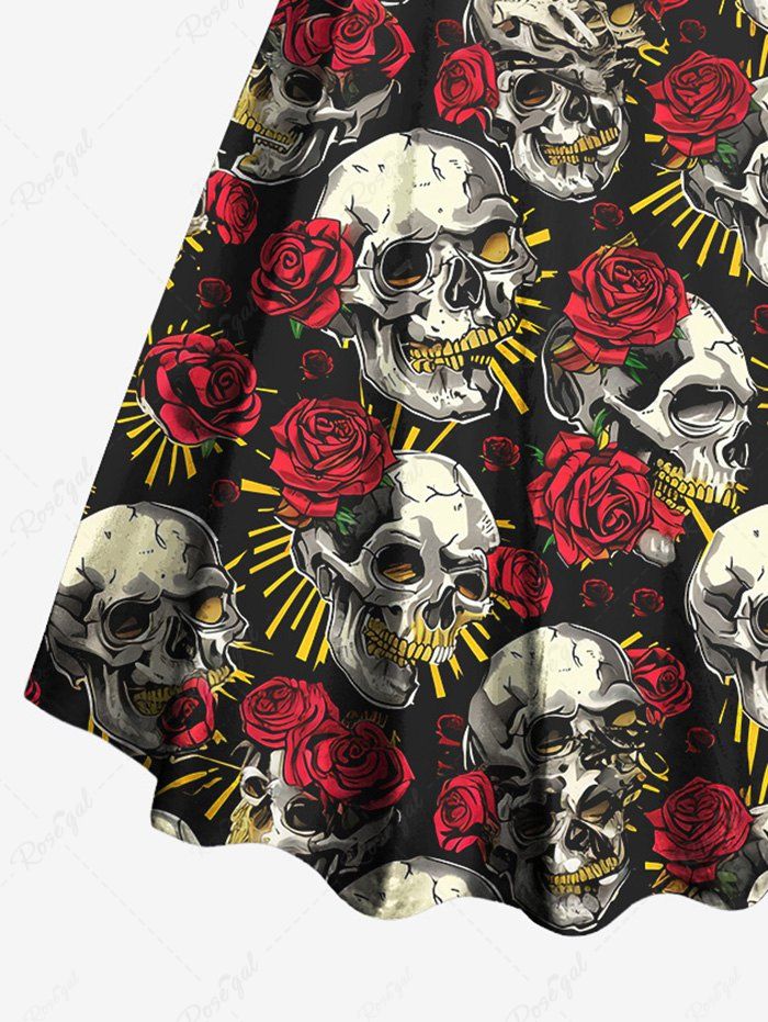 Gothic Plus Size Skulls Glitter Rose Flower Print Backless A Line Tank Dress