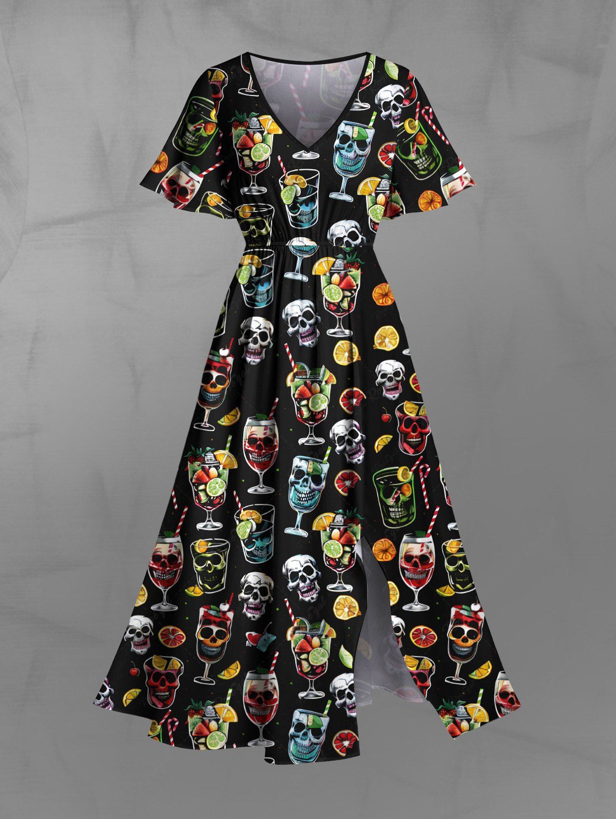 Gothic Plus Size Colorful Skull Cup Lemon Print Split Pocket A Line Dress