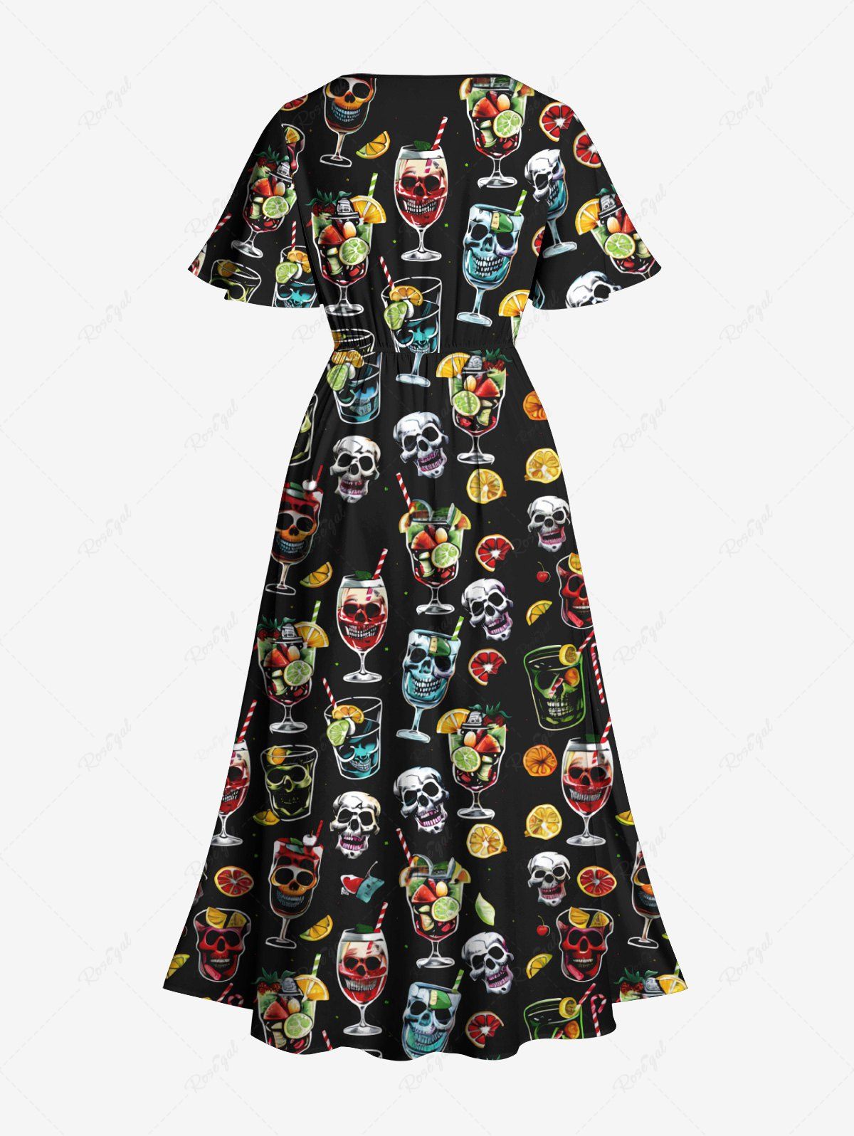 Gothic Plus Size Colorful Skull Cup Lemon Print Split Pocket A Line Dress