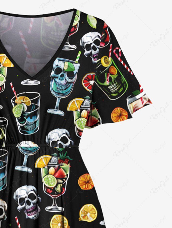 Gothic Plus Size Colorful Skull Cup Lemon Print Split Pocket A Line Dress