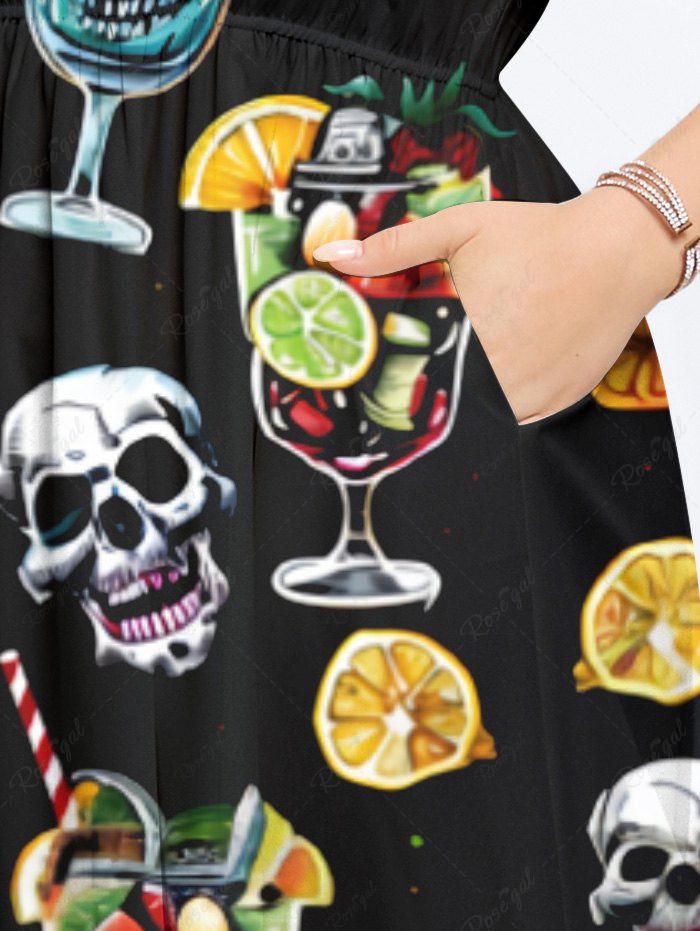 Gothic Plus Size Colorful Skull Cup Lemon Print Split Pocket A Line Dress