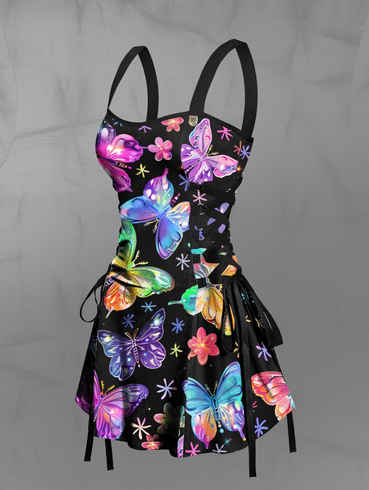 Gothic Colorful Glitter Ombre Butterfly Floral Print Lace Up A Line Tank Dress