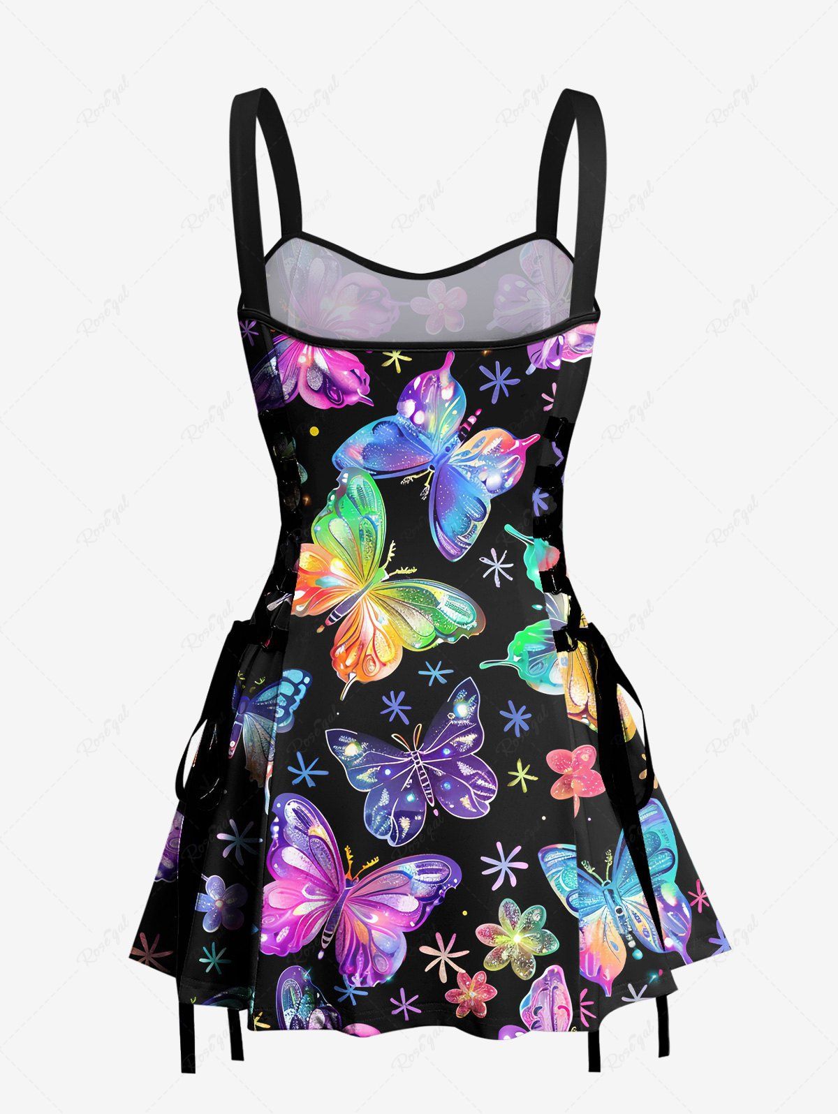 Gothic Colorful Glitter Ombre Butterfly Floral Print Lace Up A Line Tank Dress