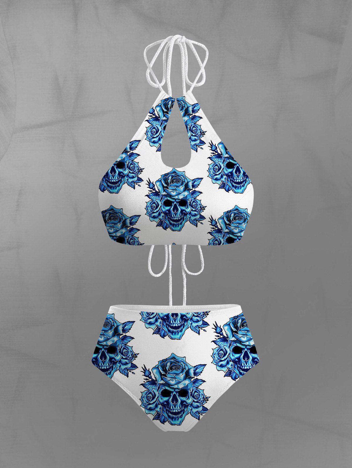 Gothic Skull Rose Flower Print Hollow Out Halter Backless Bikini Set