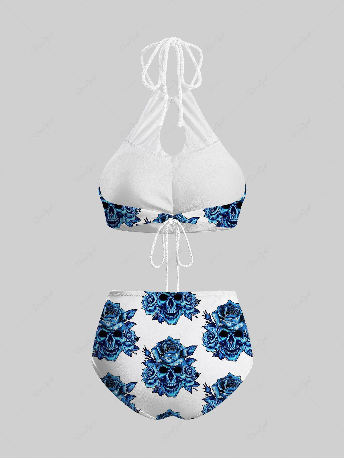 Gothic Skull Rose Flower Print Hollow Out Halter Backless Bikini Set