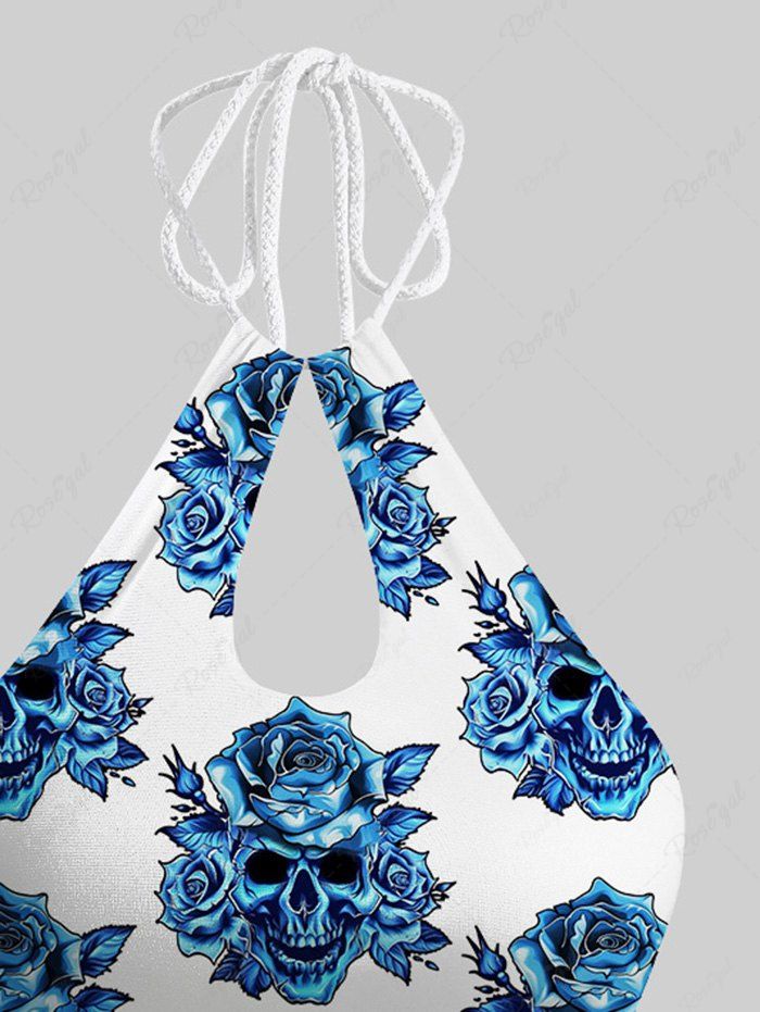 Gothic Skull Rose Flower Print Hollow Out Halter Backless Bikini Set