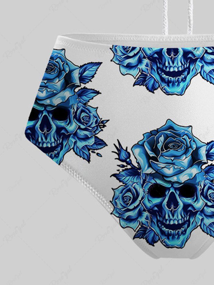 Gothic Skull Rose Flower Print Hollow Out Halter Backless Bikini Set