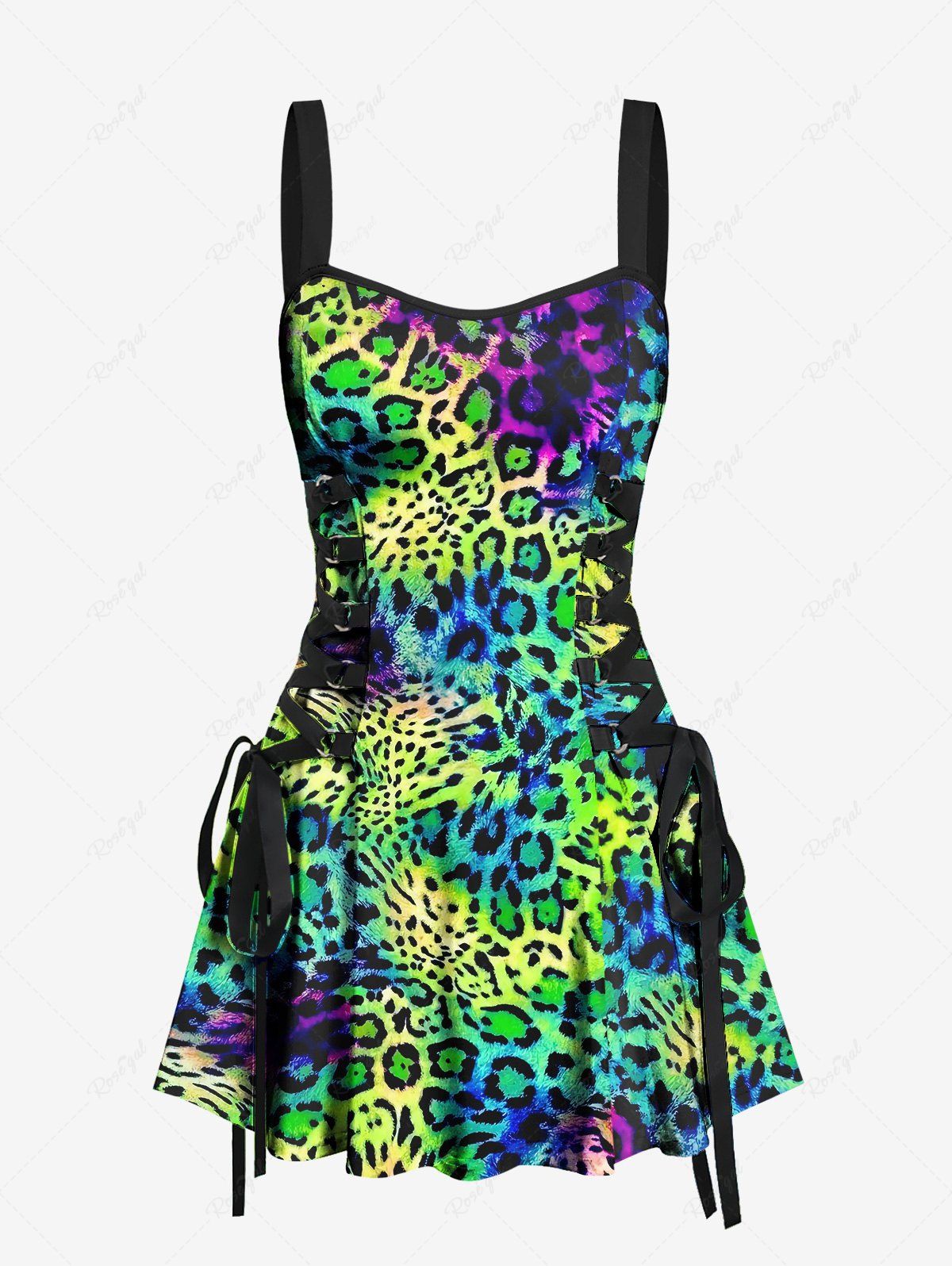 Gothic Colorful Ink Leopard Print Lace Up A Line Tank Dress