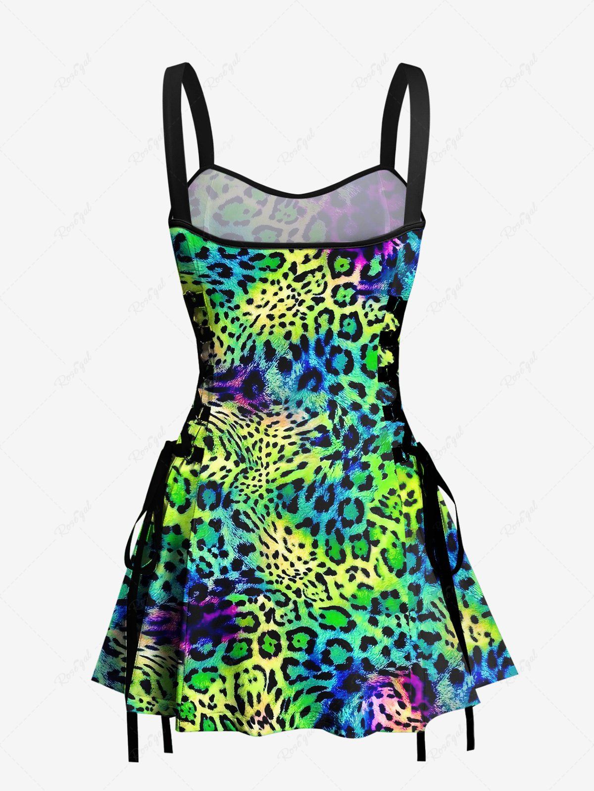 Gothic Colorful Ink Leopard Print Lace Up A Line Tank Dress