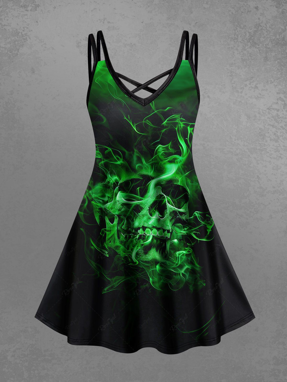 Gothic Plus Size Skull Fire Flame Print Ombre Crisscross A Line Cami Dress