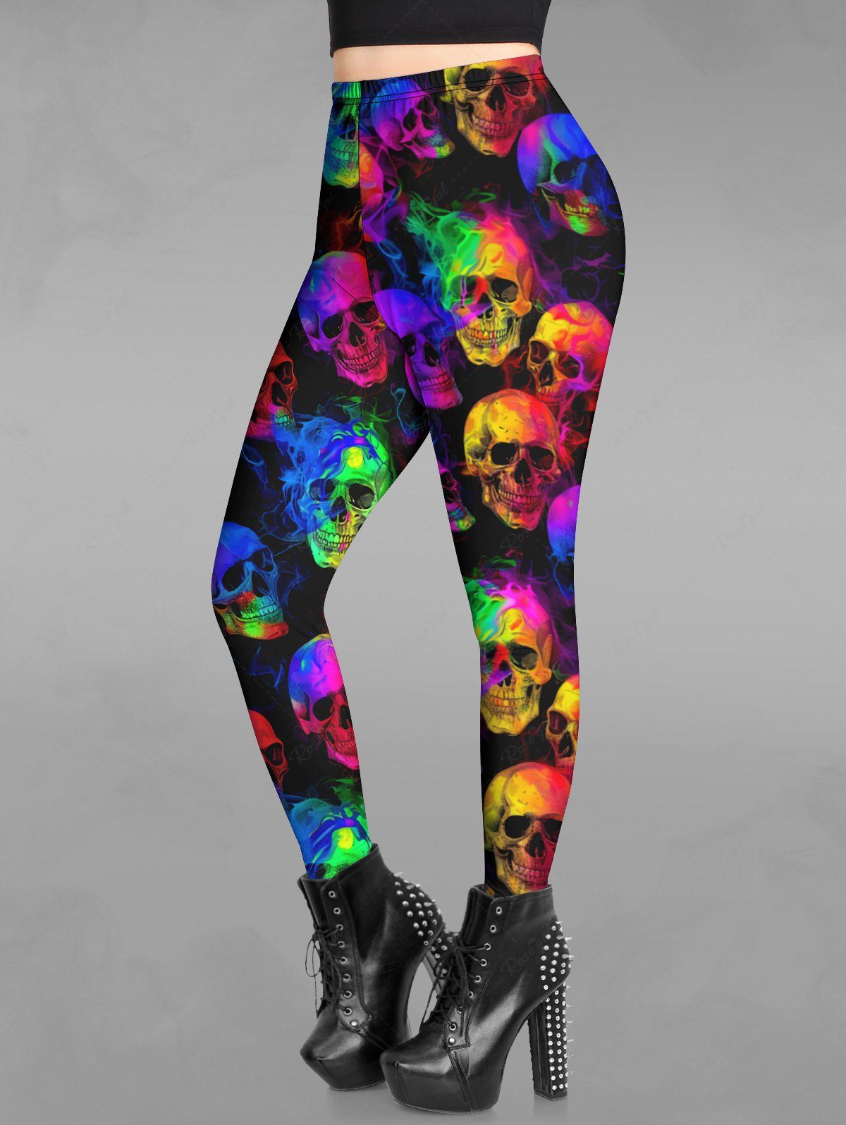 Gothic Colorful Ombre Smoke Neon Skull Print Skinny Leggings