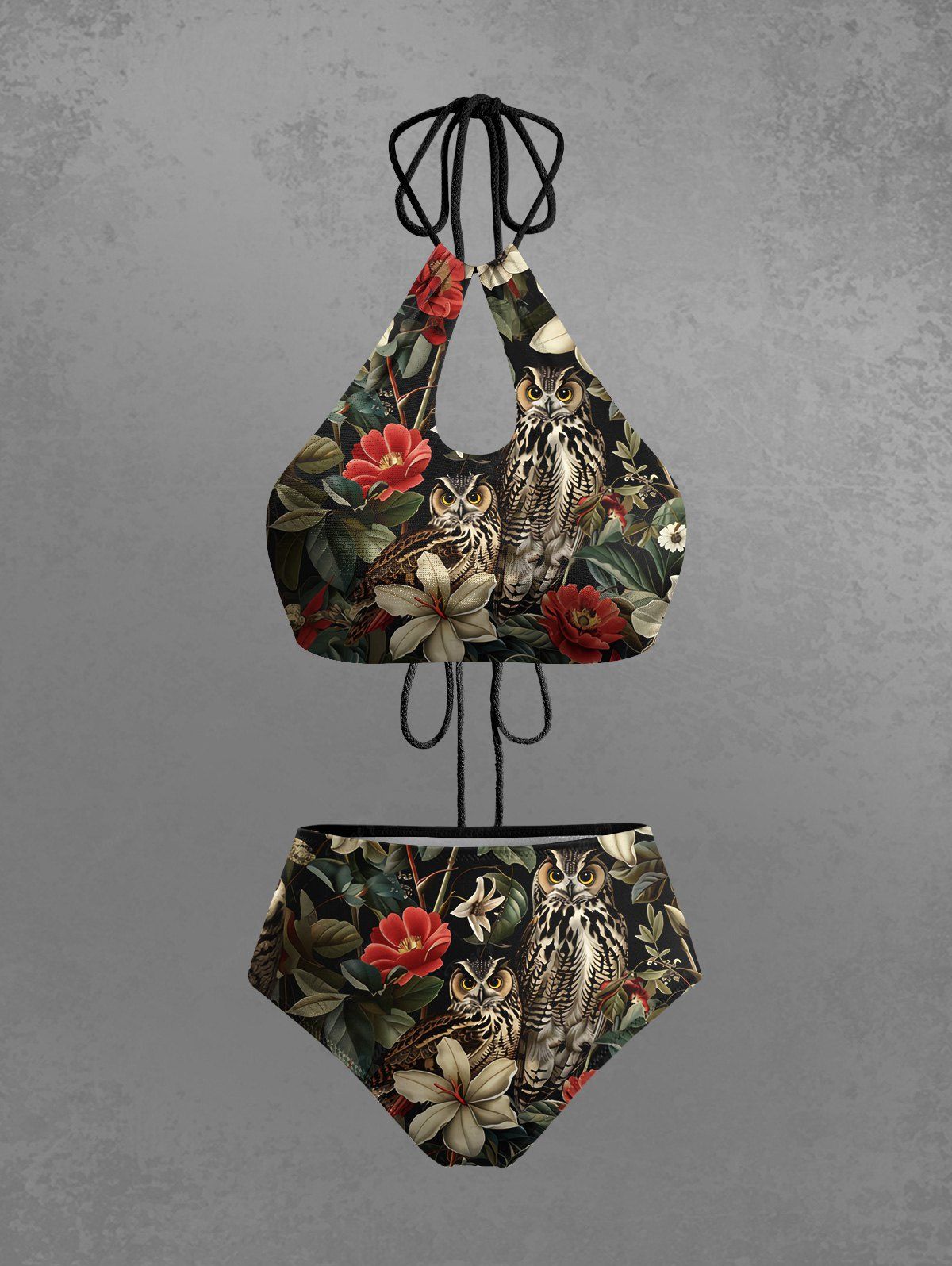 Gothic Owl Flower Leaf Print Hollow Out Halter Backless Bikini Set