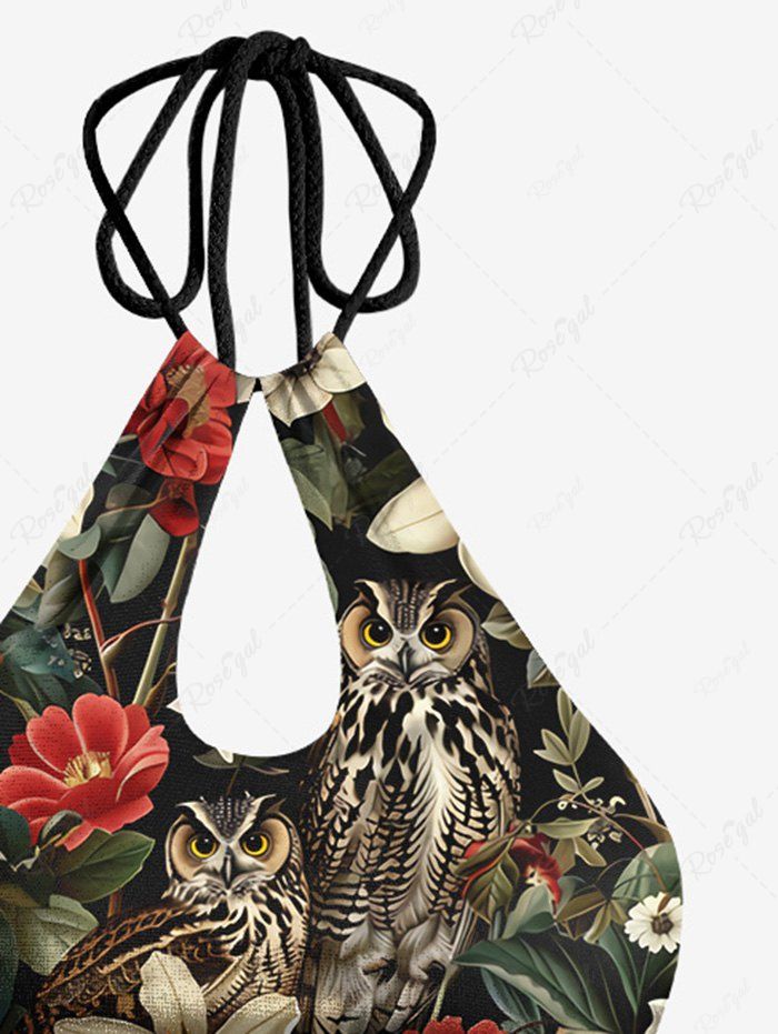 Gothic Owl Flower Leaf Print Hollow Out Halter Backless Bikini Set
