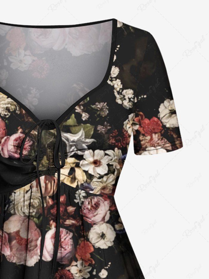 Gothic Plus Size Paint Rose Flower Print Cinched A Line Dress