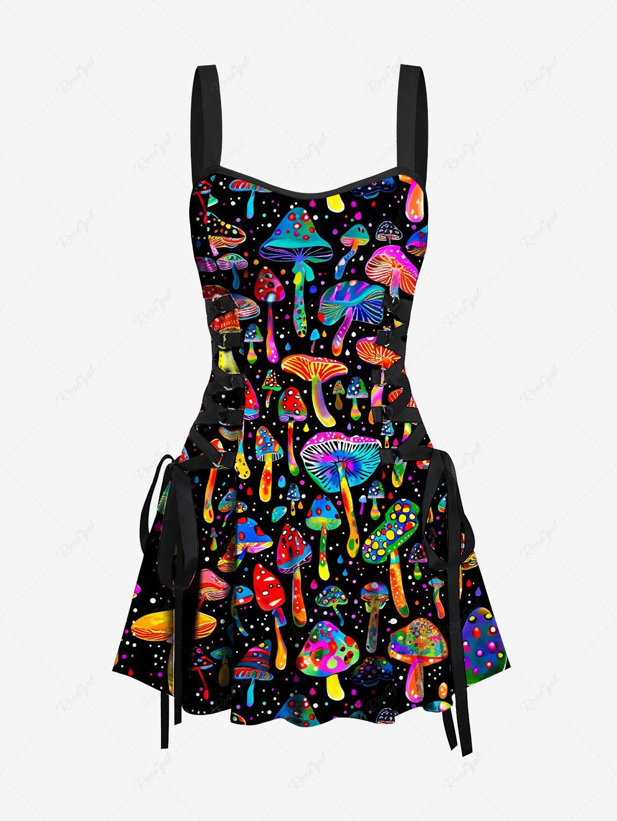 Gothic Colorful Mushroom Print Lace Up Backless A Line Tank Dress