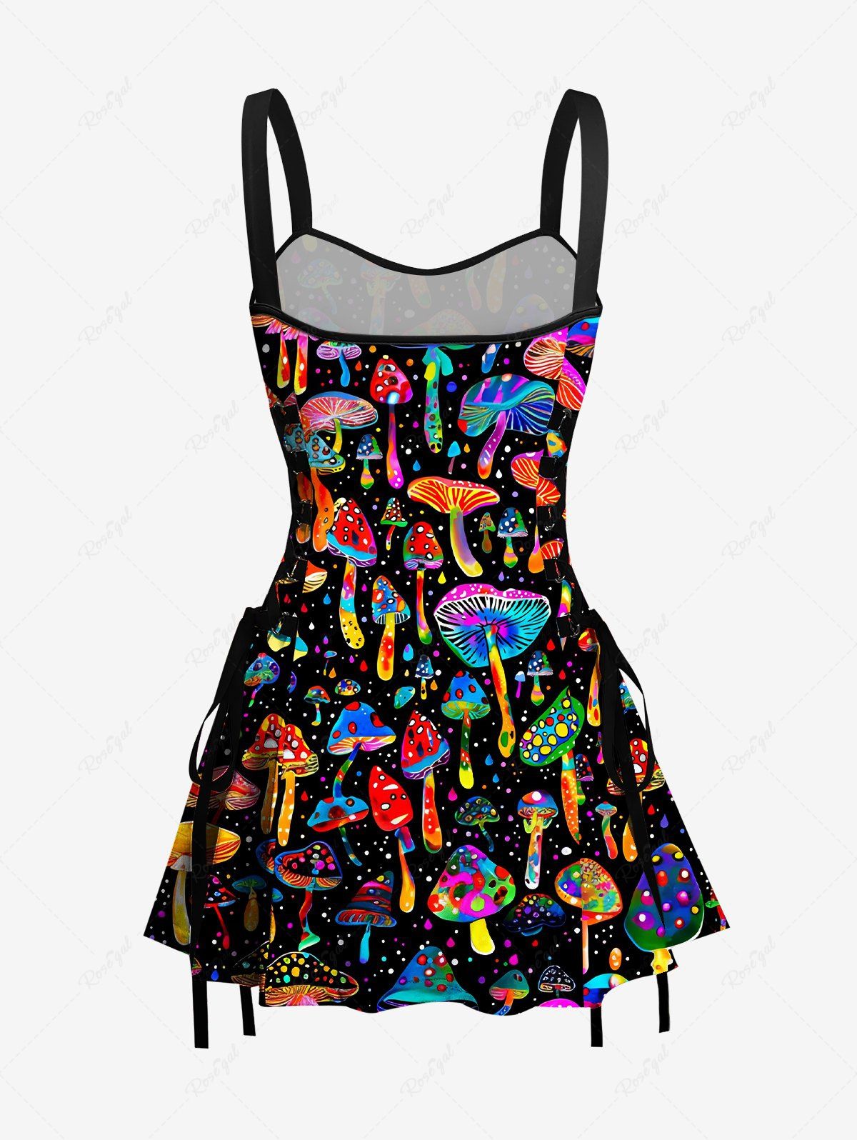 Gothic Colorful Mushroom Print Lace Up Backless A Line Tank Dress